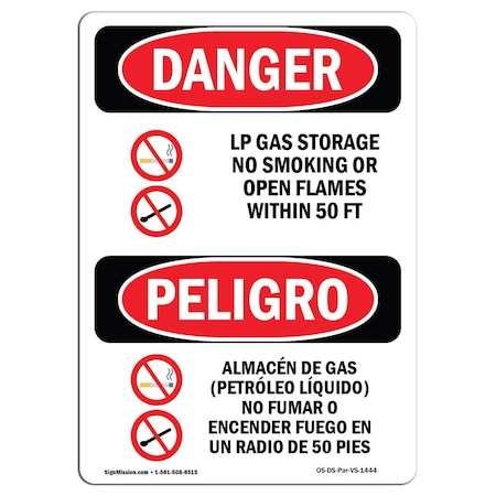 Signmission OSHA Sign, LP Gas Storage No Smoking 50 Ft Bilingual, 24in X 18in Decal, 18" W, 24" L, Spanish OS-DS-D-1824-VS-1444